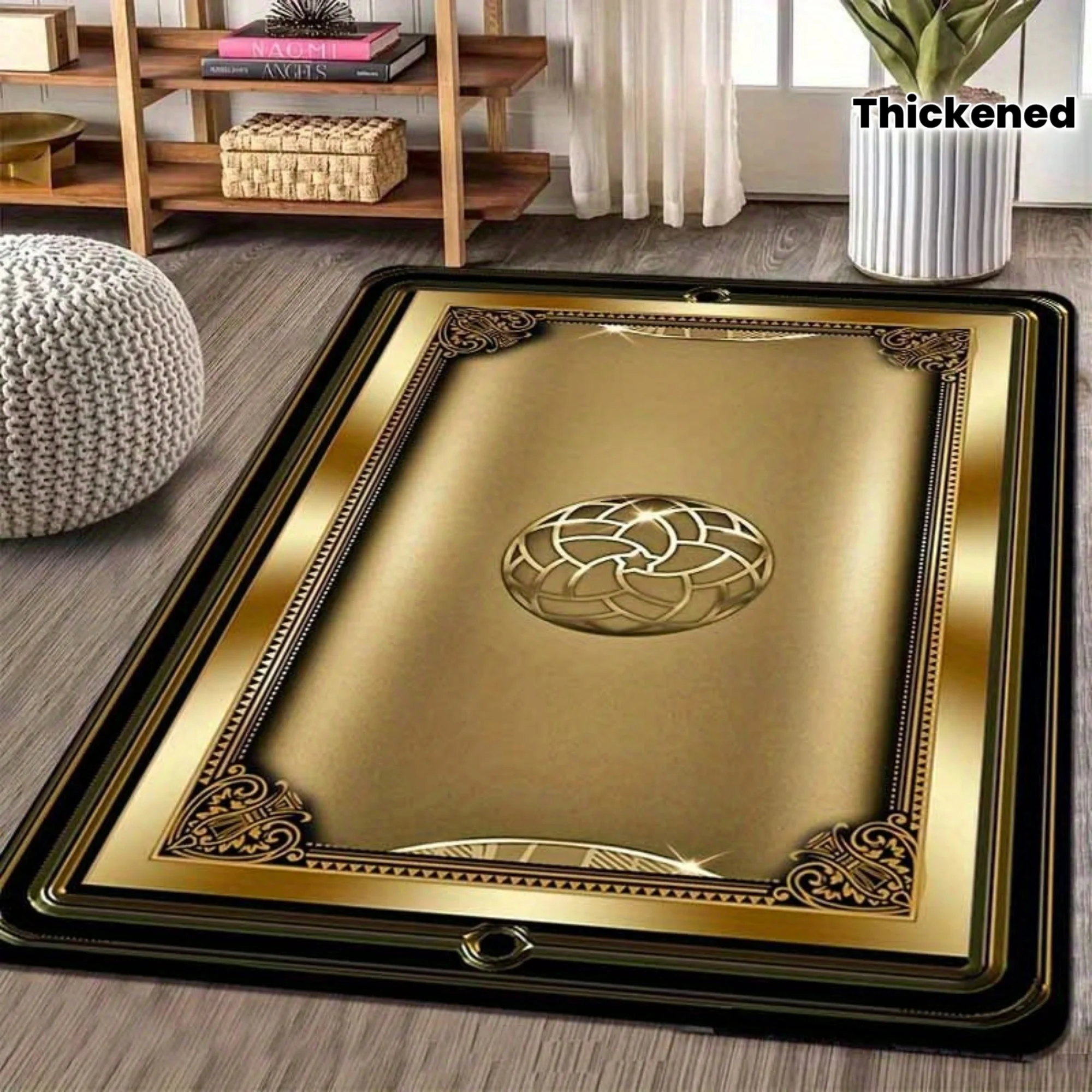 Gold Pattern Print Flannel Thickened Area Rug Religious Design Soft Comfortable Floor Mat For Living Room Bedroom Study Use