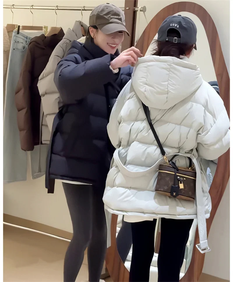 

Fashion Female Thin Windproof Puffer Coat Loose Snow Women Autumn Hooded Cotton Padded Jackets With Belt Solid