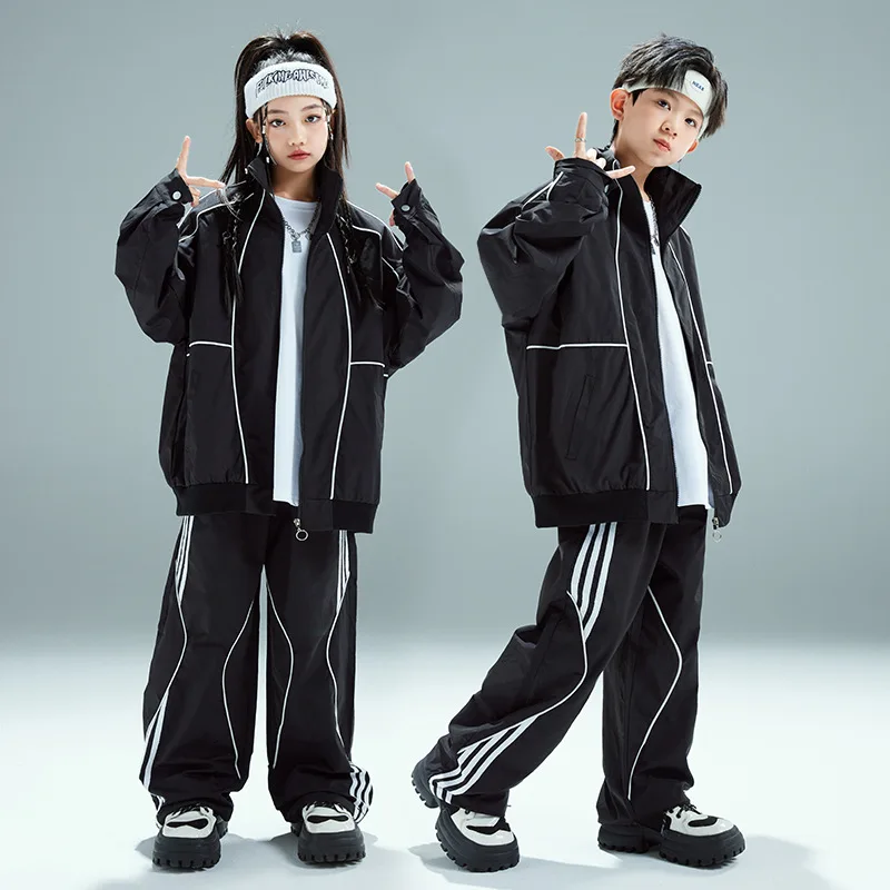 Boys Hip Hop Black Baseball Coat Street Dance Baggy Pants Girls Loose Jacket Kids Jazz Sport Clothes Sets Children Streetwear