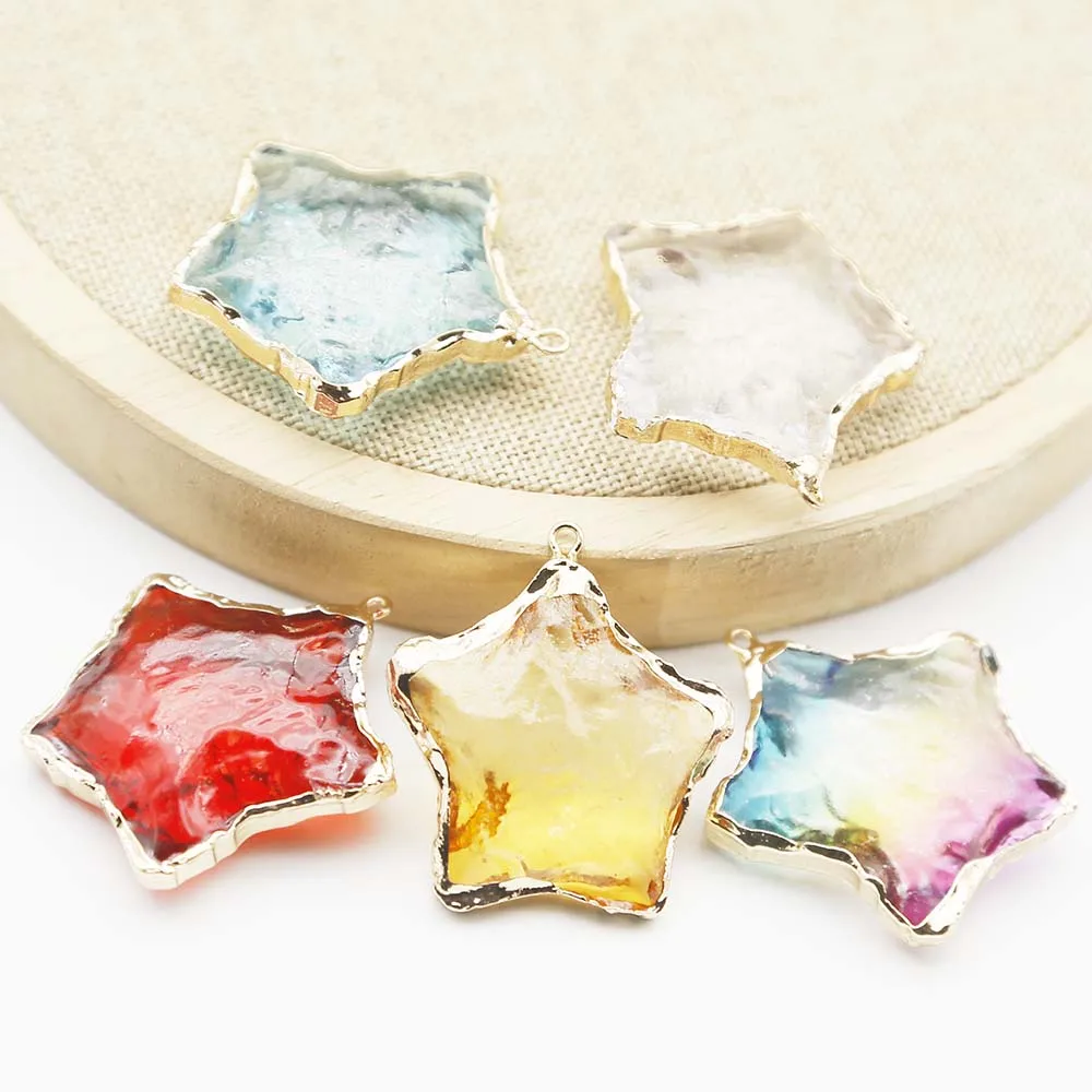 Natural Raw Ore Multicolour Crystal Five Pointed Star Gold Eedged Necklace Pendant Charms Diy Jewelry Accessories Wholesale 8Pcs