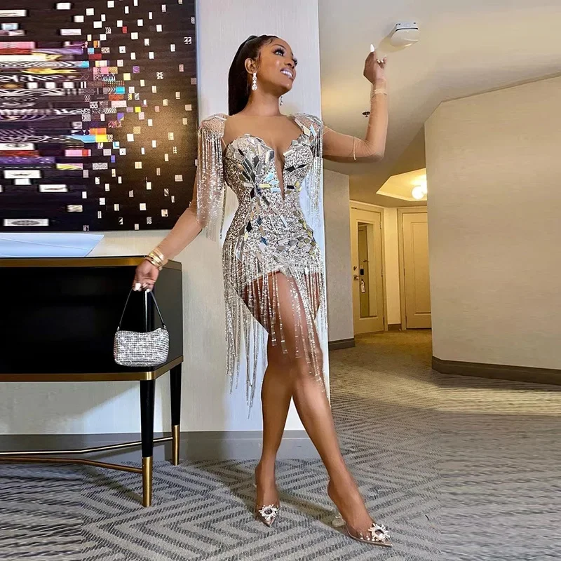Sequin tassel party dress Summer Fashion long-sleeved Club Dress