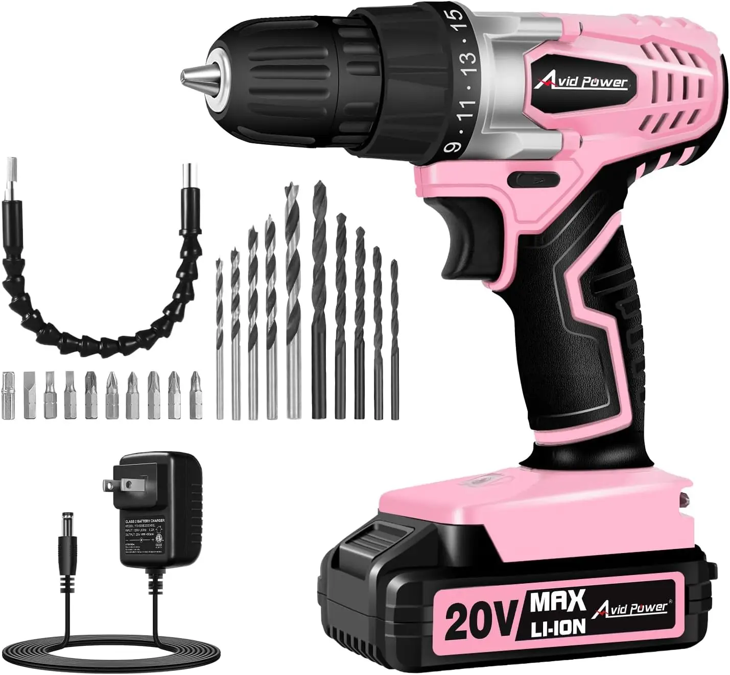 Pink Cordless Drill Set with Battery, 20V Max, 3/8-Inch Chuck, Variable Speed & 22 Bits for DIY