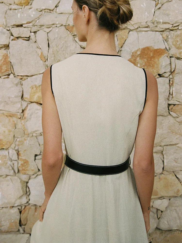 فستان نسائي صيفي جديد أنيق بطول متوسط مع حزام، قماش مختلط، خصر مرتفع، تنورة على شكل حرف A، أسلوب الشارع، ياقة على شكل V، أكما...