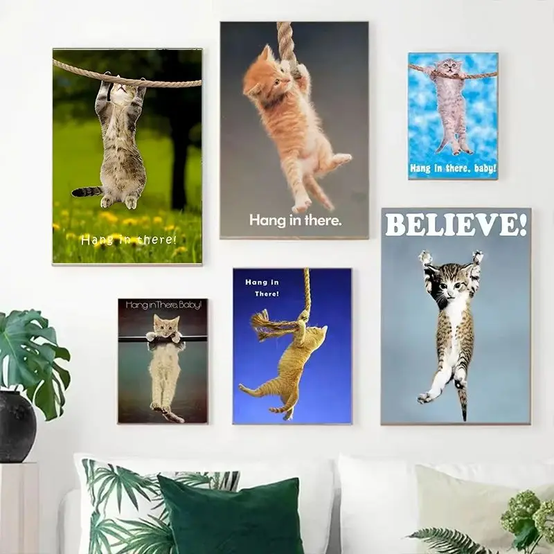 Hang In There Baby Cute Cat Yoga Poster Canvas Painting Wall Art for Home Office Shop Decor Adorable Pet Animal Prints Pictures
