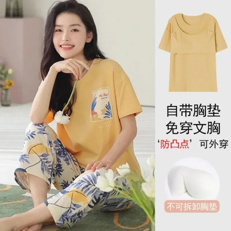 Cartoon Women Loungewear Short-sleeve Long-pant Lady Girl Pajama Women Homewear Chest Pad Suitable Spring Summer Autumn Pajama