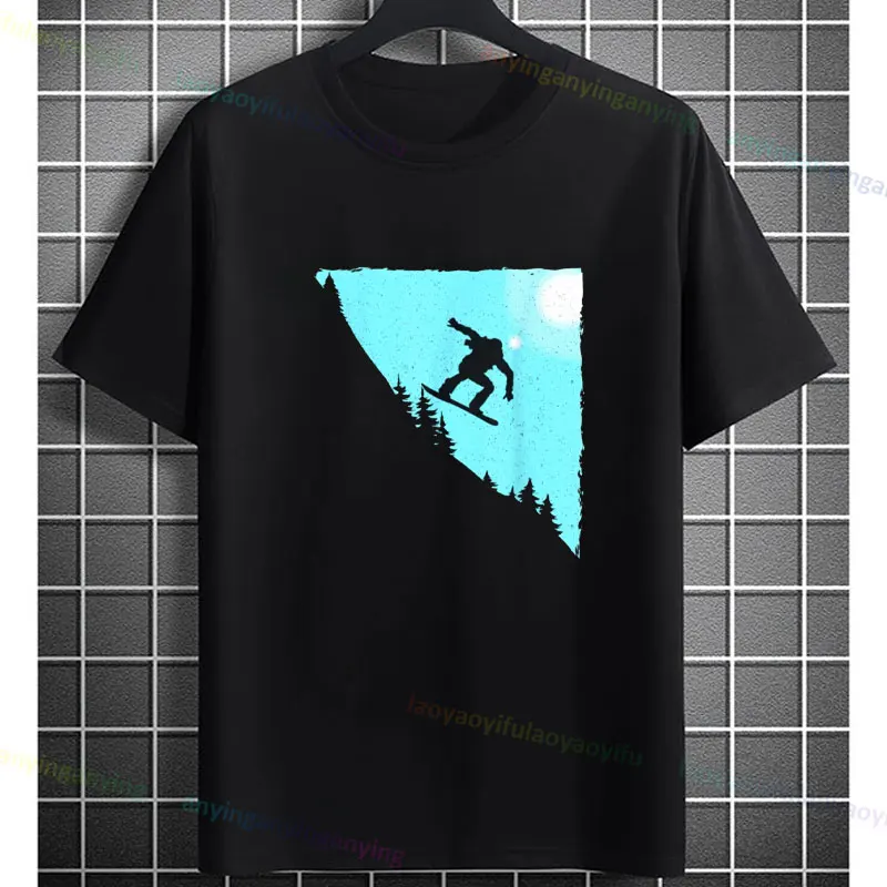 Men's Funny Snowboard Art Skiing Skier Graphic T-shirt Casual Short-sleev Round Neck Pure Cotton Tee Outdoor Clothing