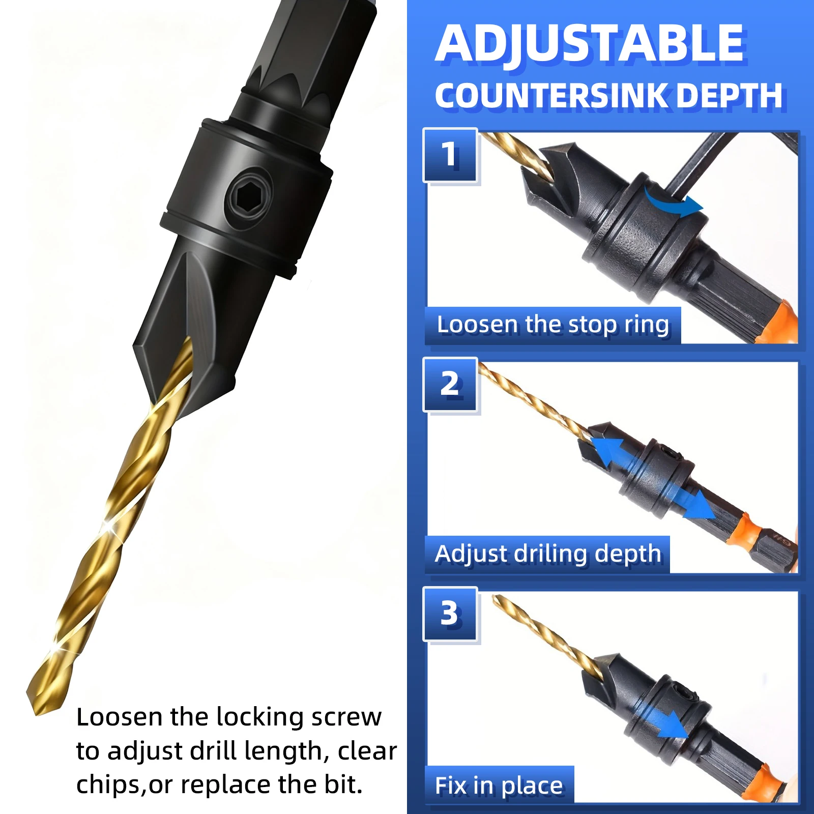 12pcs titanium-plated hex countersink set with replaceable bits, magnetic holder & L-wrench. Power drill compatible for fast view 6