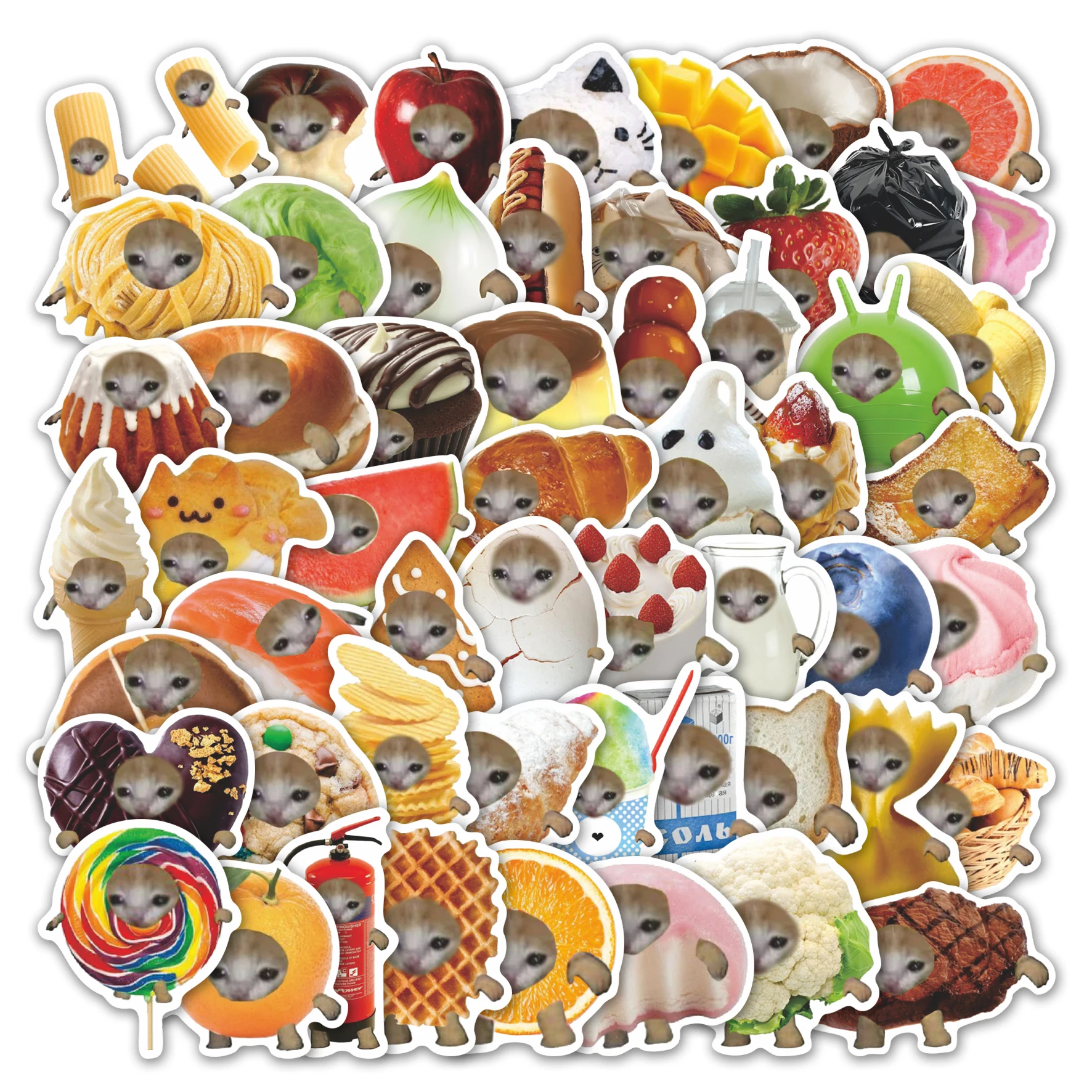 55pcs Funny Food & Pet Fun Style Stickers Pack  Whimsical Vinyl Decals with Cute Creature-in-Food Graphics | for Laptop, Journal