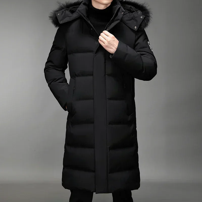 Luxury Long Down Jacket Men\'s Winter Korean Style Detachable Fur Collar Cap White Duck Down Warm Coat Brand Lightweight Parka