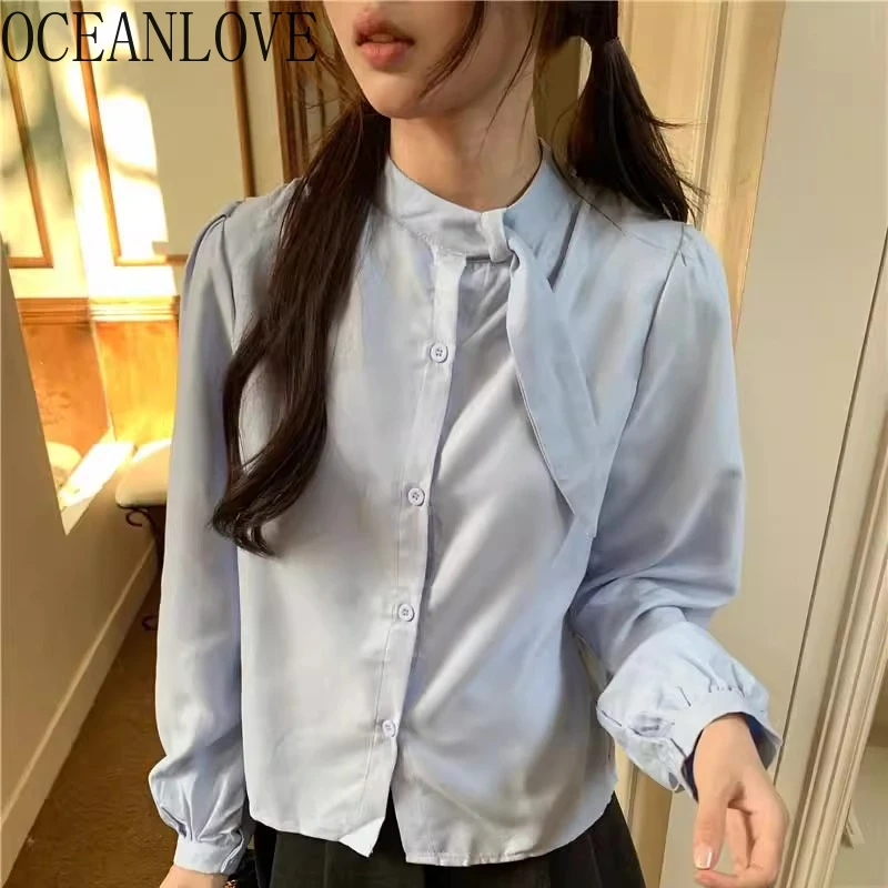 

OCEANLOVE Stand Collar Sweet Blouses Spring Autumn Solid Elegant Women Shirts Korean Fashion Chic Vintage Blusas Mujer