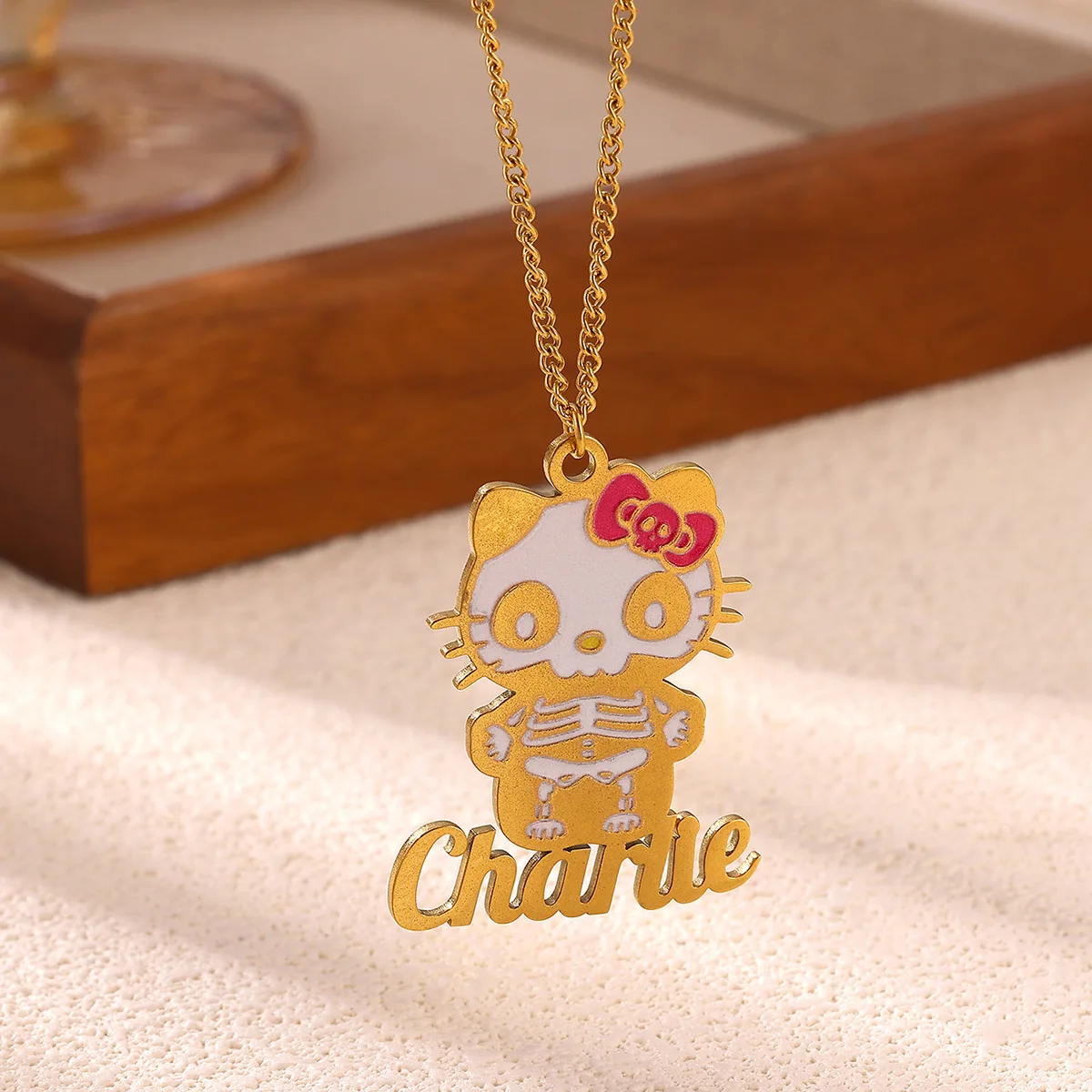 Gothic Oil Dripping Skeleton Hello Kitty Custom Name Necklace Punk Stainless Steel Collar Halloween Jewelry Sanrio Accessories