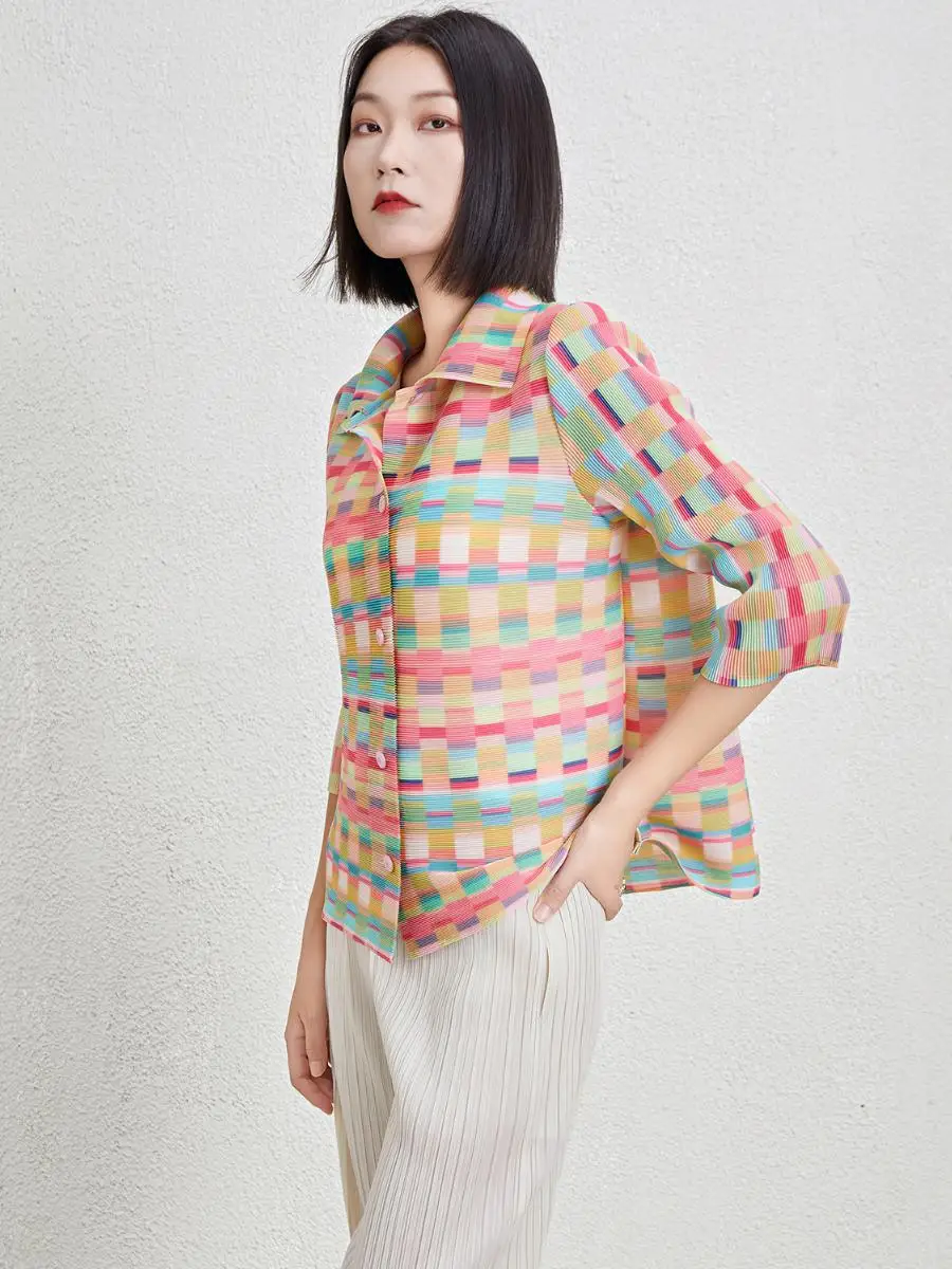 

Women's Geometric Print Knitted irt Folded Hem Single Button Design Polyester Long Sve Slim Fit Faion Top