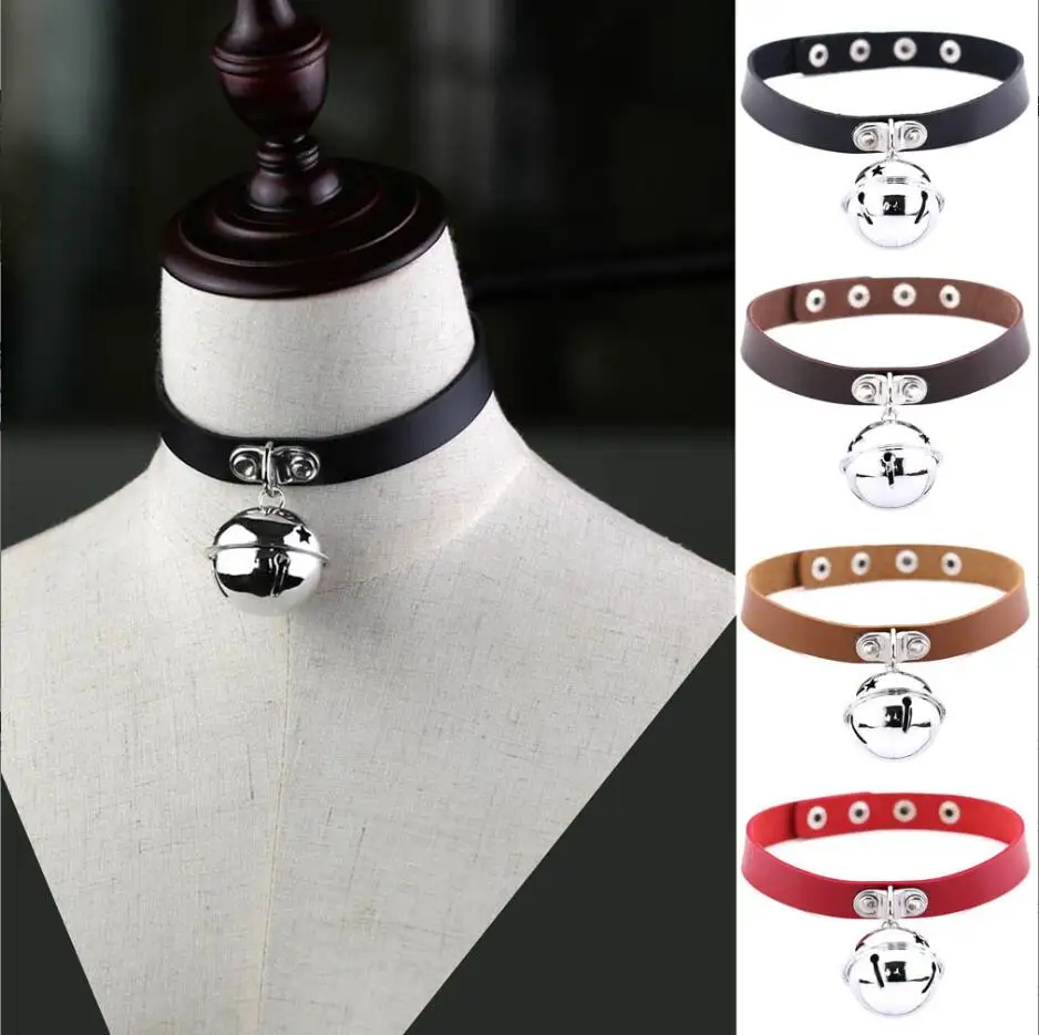 

Goth Punk Harajuku Double Leather Choker Women Necklace Sexy Bell Neck Strap Collar S2976