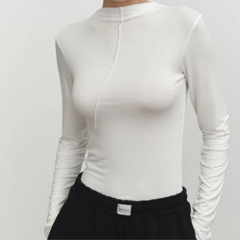 FADDISH 2024 Women Fashion Half Turtleneck Long Sleeve Slim Basic T Shirt Female Solid Color Casual Pullover Tee Tops