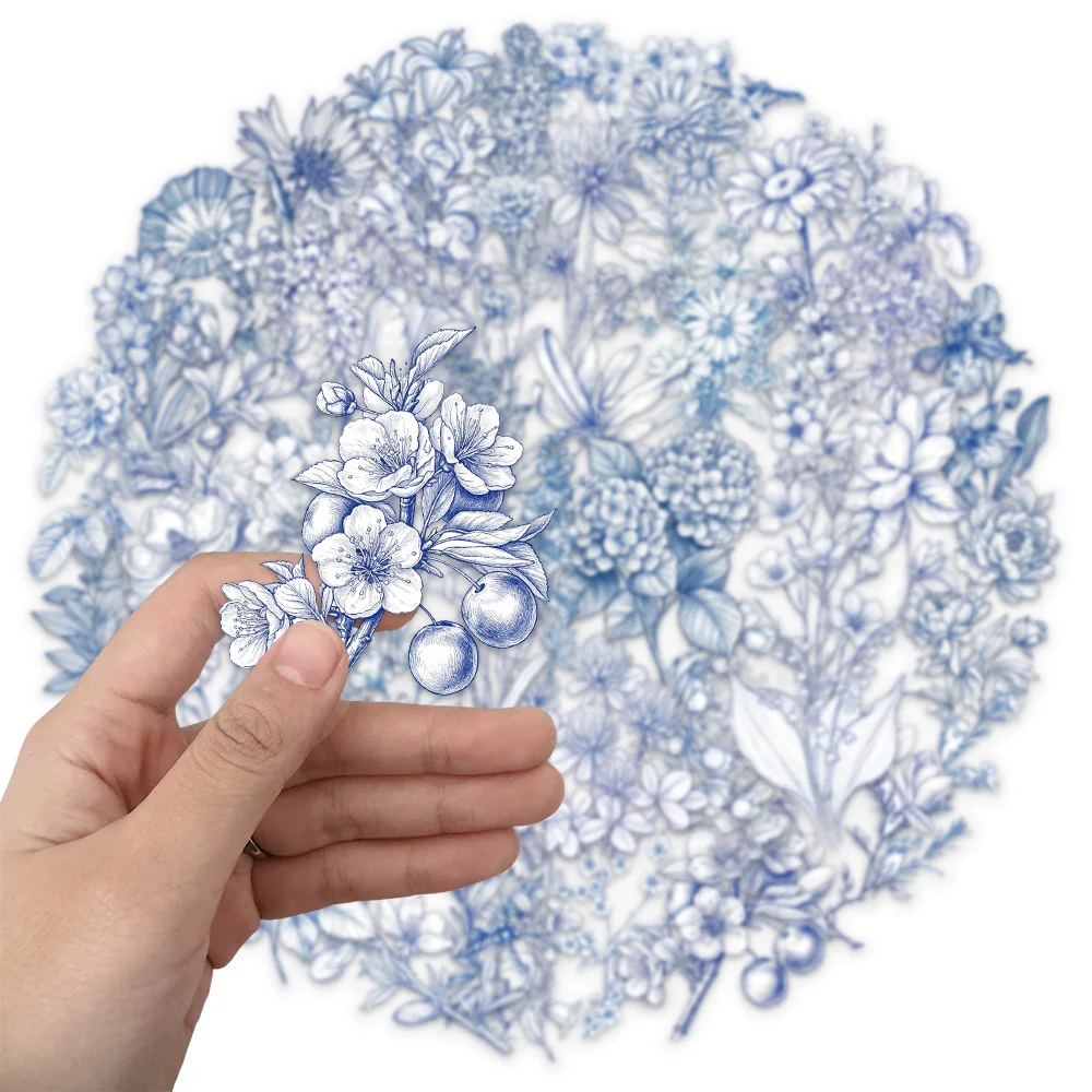 50PCS Blue and White Graffiti Stickers Aesthetic Flower Theme Stickers DIY Phone Cases, Postcards, Laptop Speaker Stickers