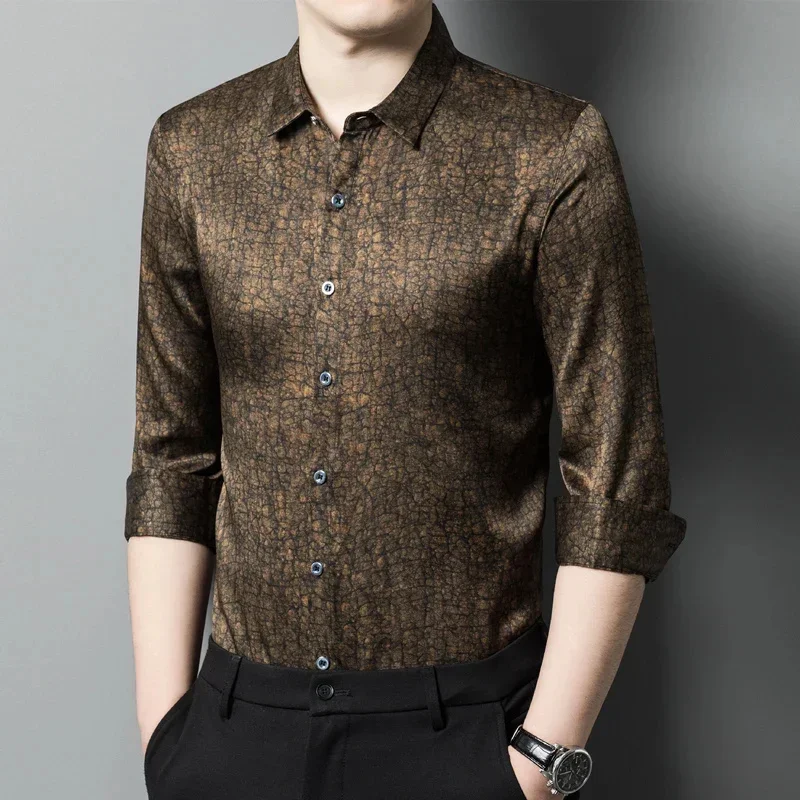 New 92.5% Mulberry Real Silk Shirt for Men Long Sleeve Crack Clothing Satin Male Loose Casual Tops Blusas