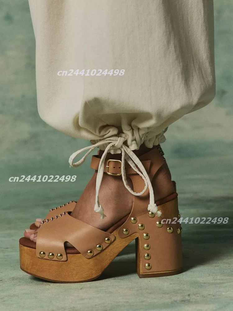 Women Chunky Block Wooden Heel Platform Sandals, Open Toe Cut out Upper, Metal Rivet Buckle Ankle Strap, Thick Wood Sole Shoes