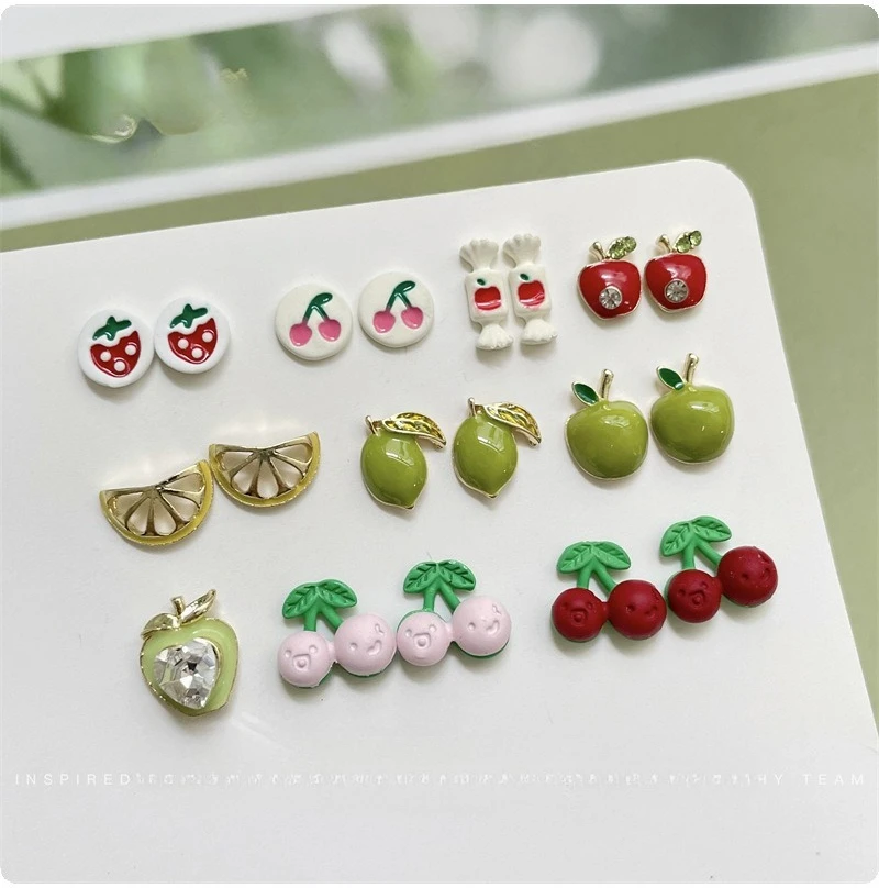 3D Fruit Nail Charms Cute Cherry Apple Strawberry Lemon Nail Art Decorations Rhinestone Alloy DIY Manicure Jewelry Accessories