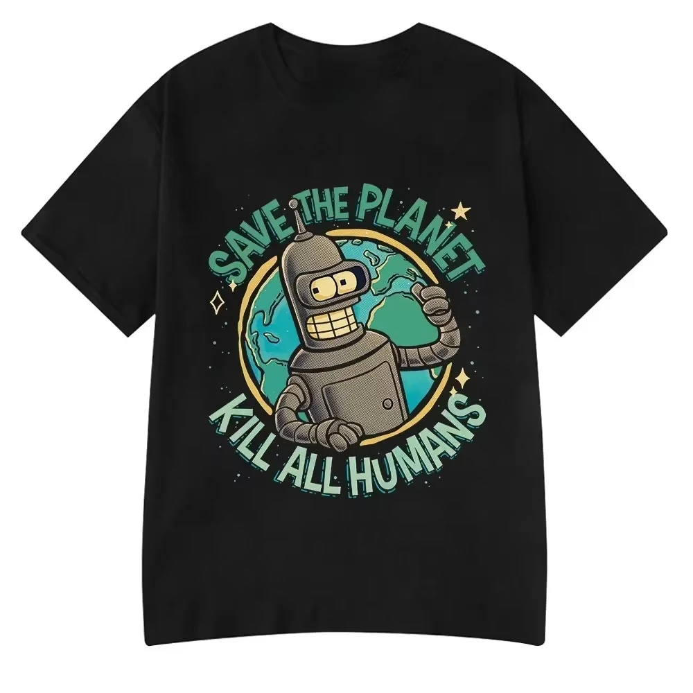 Funny Tees Save The Planet Kill All Humans Robot Graphic Print T Shirt Men and Women Short Sleeve T-shirt Oversized Cotton Tops