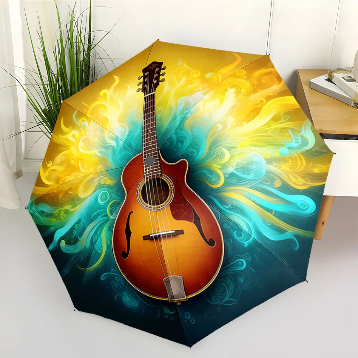 1PC Guitar Music on Vibrant Artistic Umbrella Print 8 Iron Ribs Folding Umbrella Auto-Open Fashion Sunshade