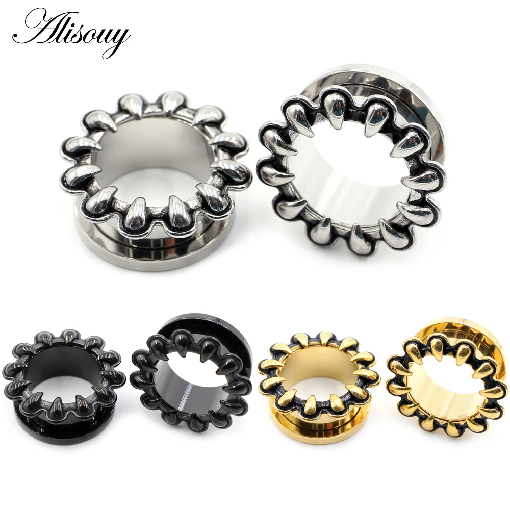 Alisouy 2pcs 8-25mm Stainless Steel Fangs Claw Thread Ear Tunnels Plugs Flesh Expanders Stretchers Gauges Piercing Body Jewelry