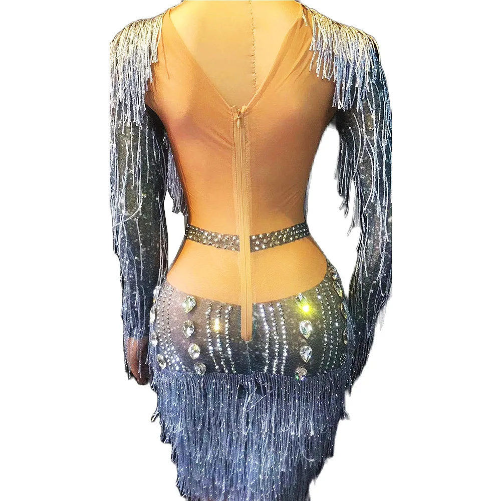 Silver Shining Crystal Rhinestones Tassel Sexy Dress For Women Evening Party Birthday Clothing Stage Singer Costume Bar Wear