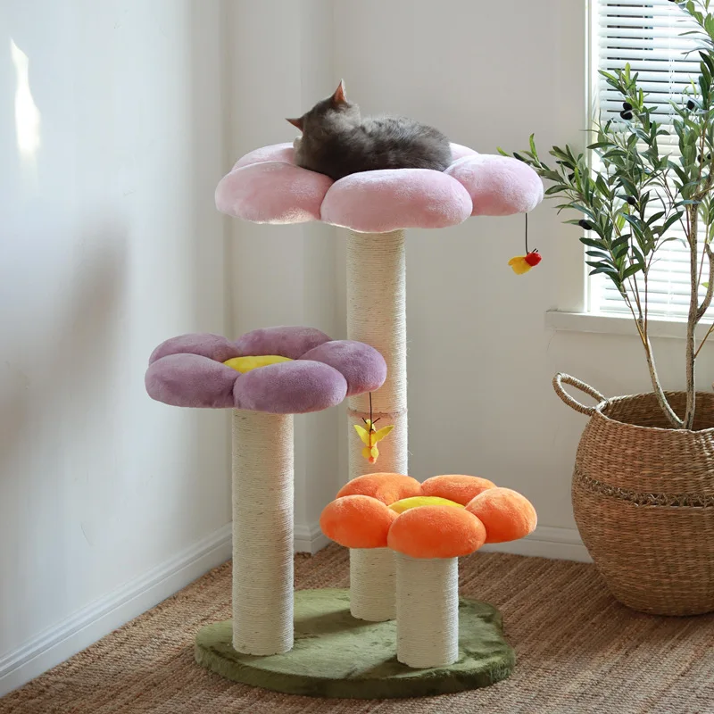 Factory Wholesale Plush Flower Wooden Cat Tree Cat Climbing Frame And Cat Bed