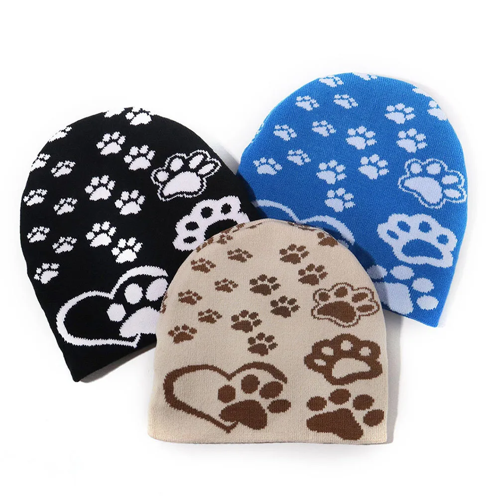 

Women's Cute Casual Knitted Hats Dog Paw Print Pattern Autumn & Winter Outdoor Sports Warm Caps For Men