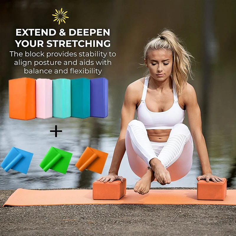 3PCS Includes 2 Yoga Blocks 1 Resistance Bands. High-Density EVA Mats, TPE Stretch Bands. For Beginner Yoga, Stretching Exercise