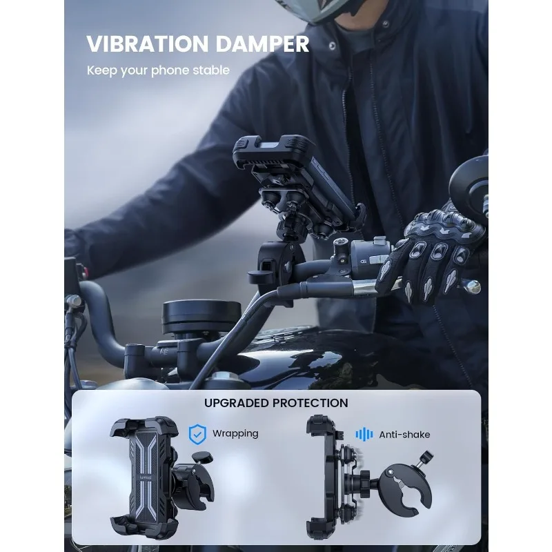 Motorcycle Phone Mount Holder - [Dual Vibration Dampener] [Upgrade Handlebar Clip] Motorcycle Cell Phone Holder