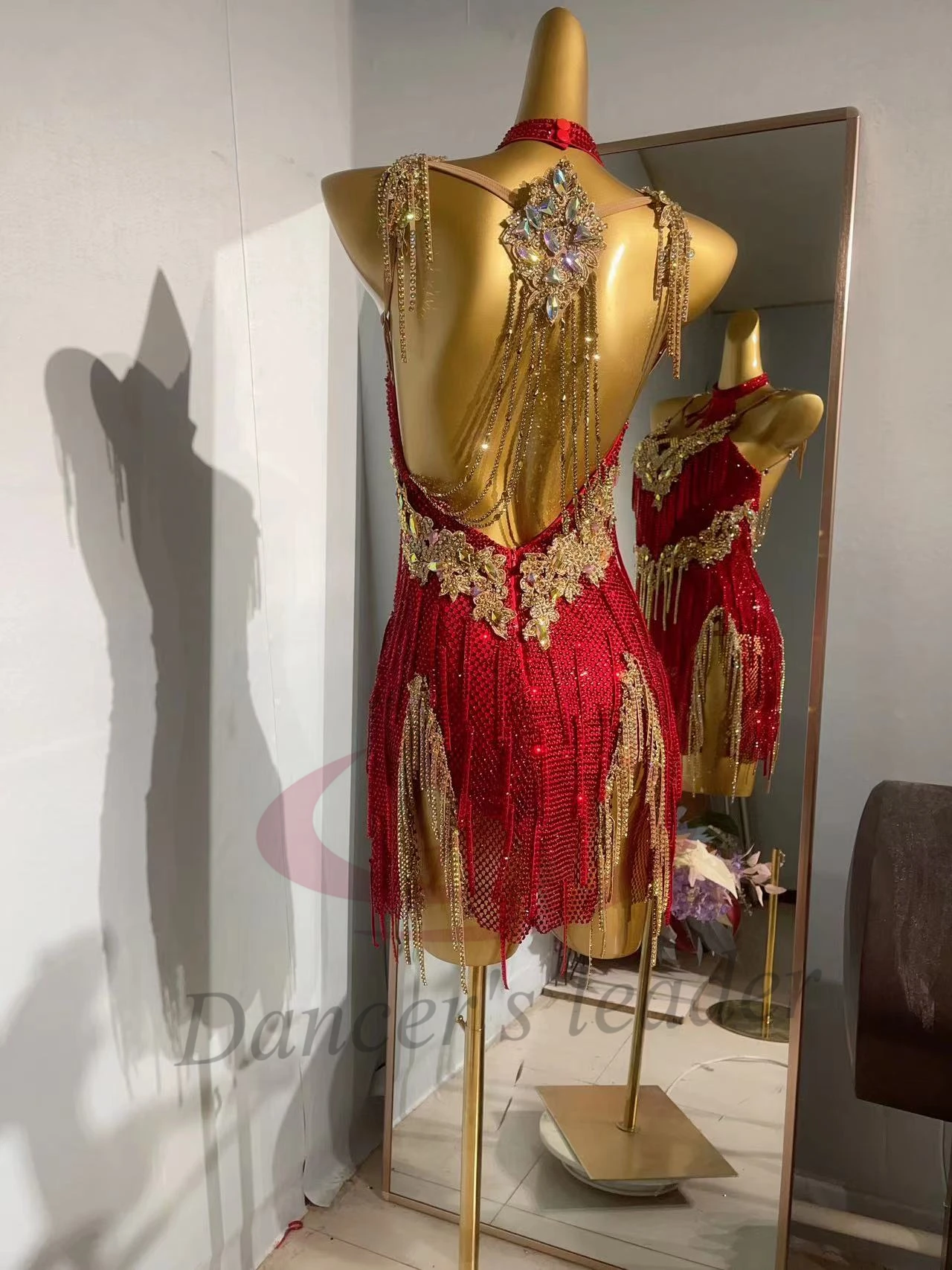 ชุดเต้นลาติน AB Stone สำหรับผู้หญิงและเด็ก รุ่นหรูหราสั่งตัดได้ แต่งเพชรแดงลายตาราง สำหรับการแสดงซัมบ้า