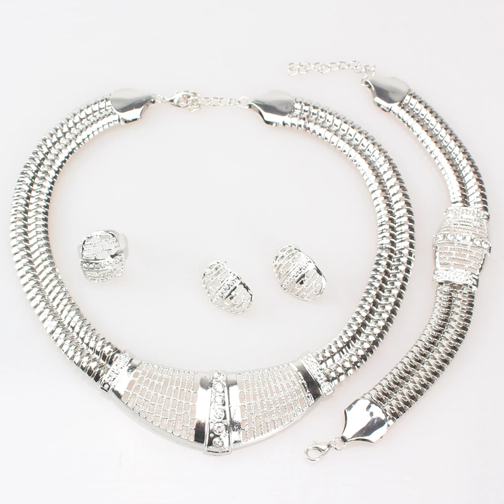 Silver Color Dubai African White Crystal Necklace Bracelet Earring Ring Wedding/Bride Jewelry Sets