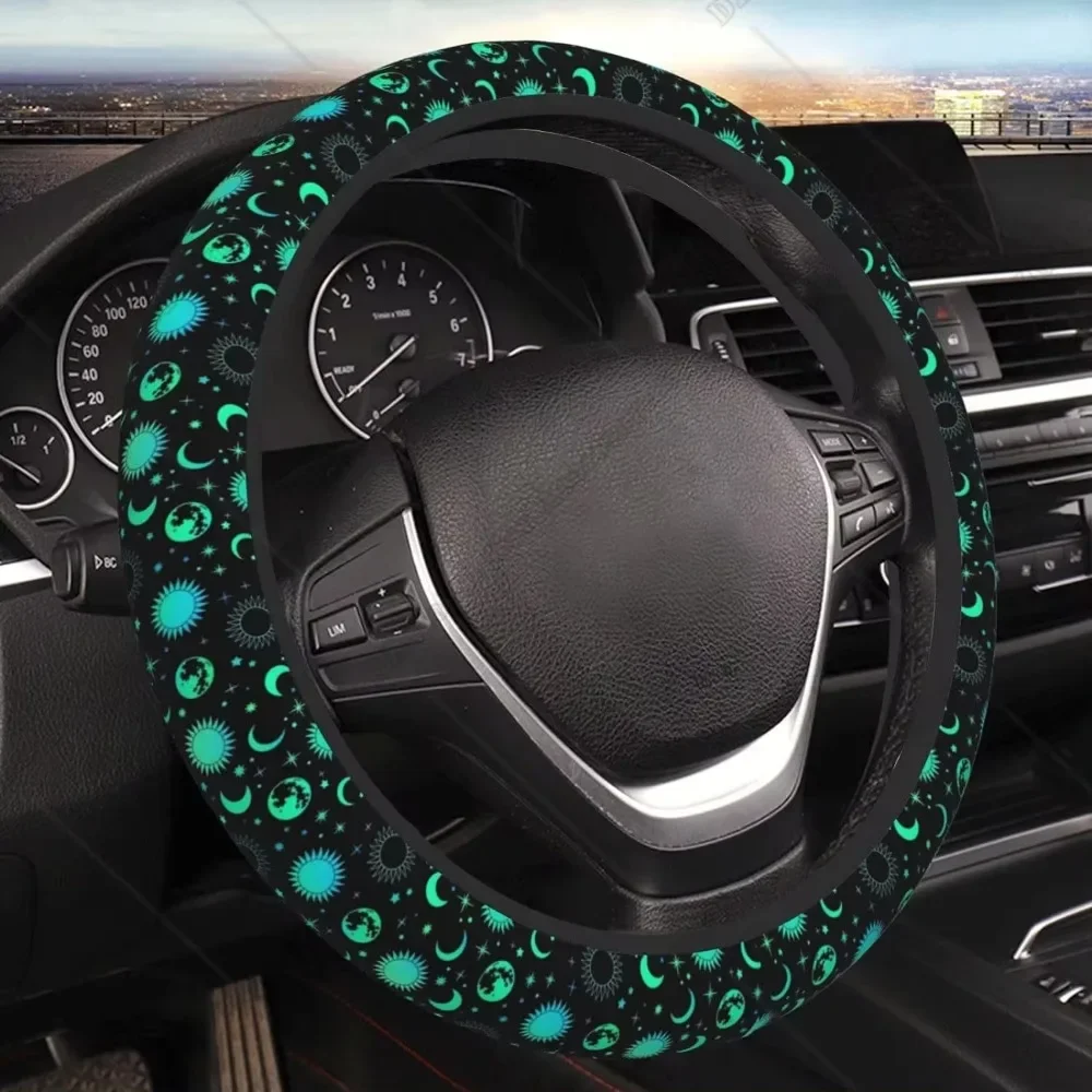 Coprivolante per auto universale da 15 pollici vintage verde neon esoterico sole luna protezione per volante accessori per auto