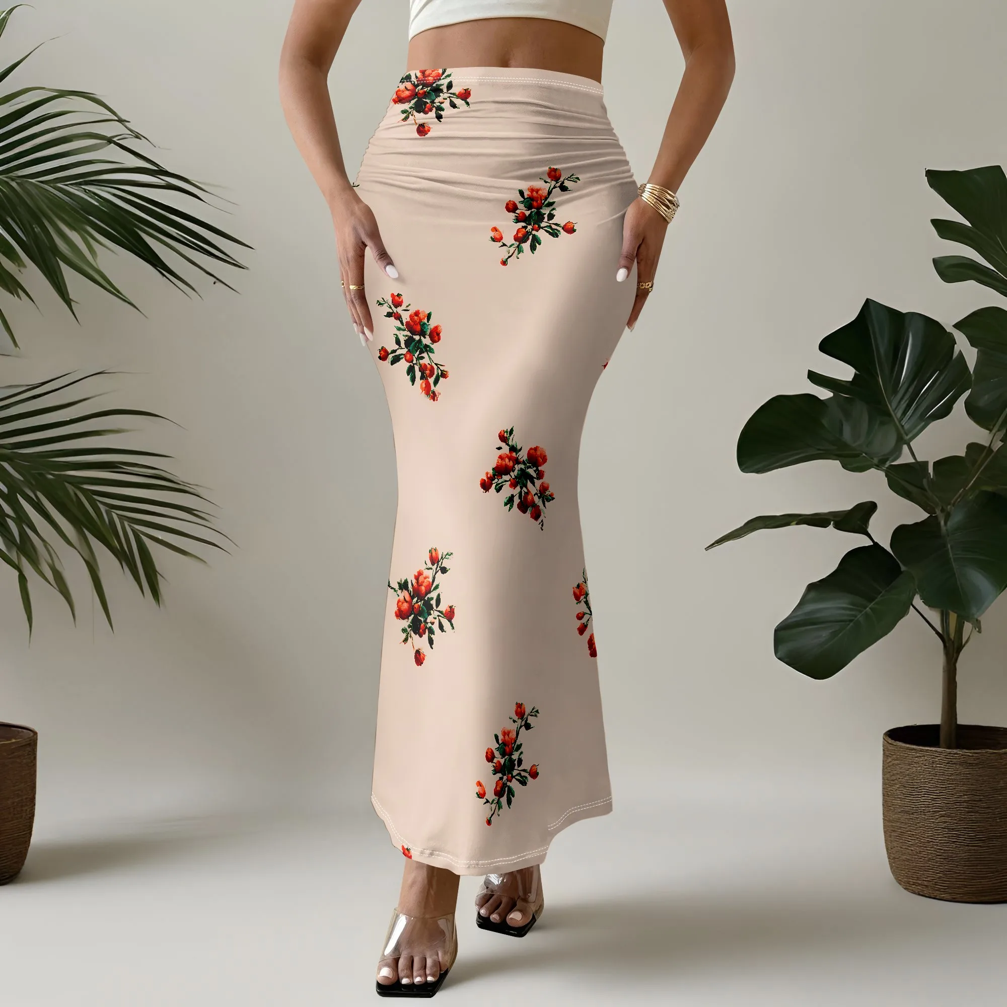 Floral Mermaid Skirt, High Waist Maxi Skirt, Elegant Summer Beach Wear, Ruched Bodycon Style for Women S-2XL