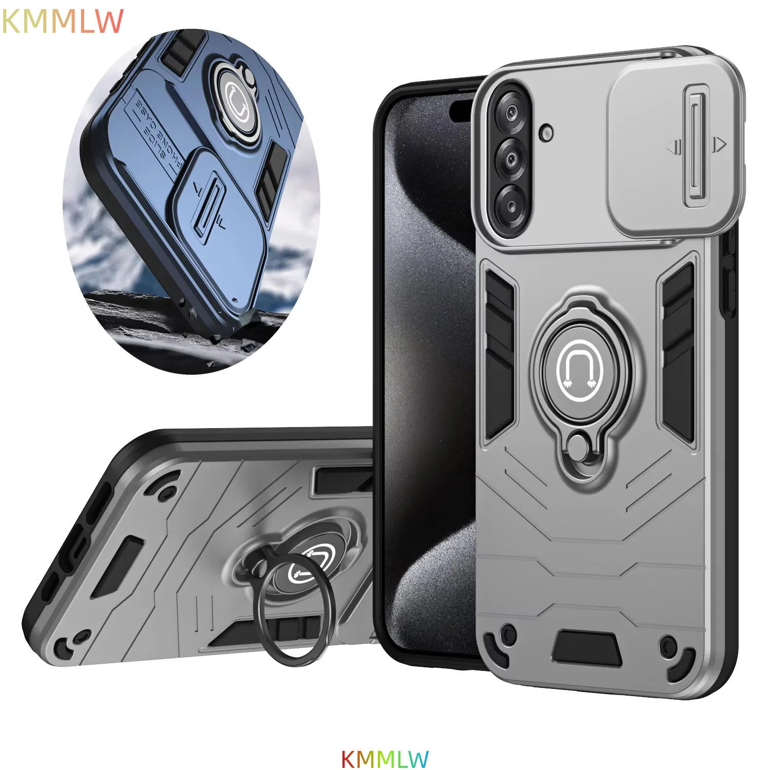 Sliding Window Metal Finger Holder Case for Samsung Galaxy A54 A35 A34 A25 A33 A14 A15 A23 A32 A17 A07 A06 A26 A56 A36 A16 A55