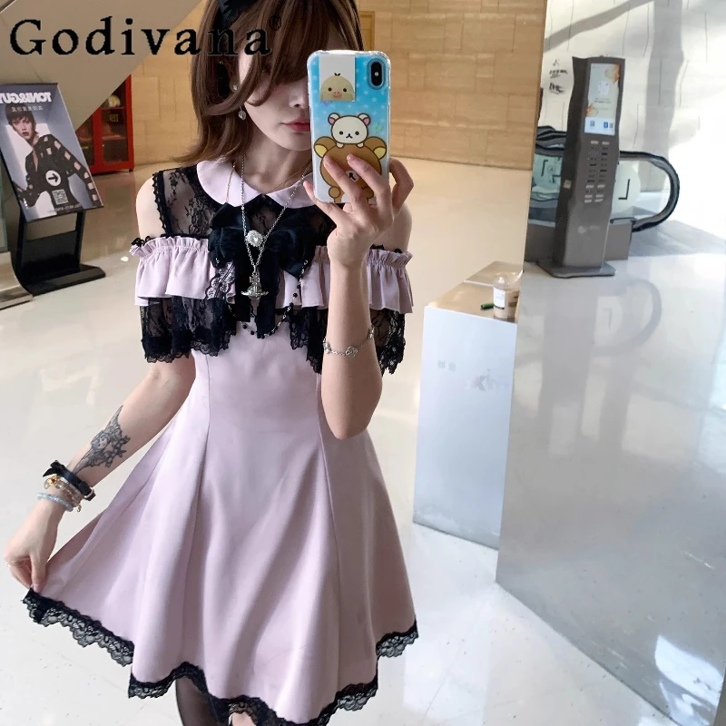 

Облегающее однотонное кружевное платье с кукольным воротником для девочек, прозрачное стильное черно-розовое милое платье, женское летнее милое платье принцессы