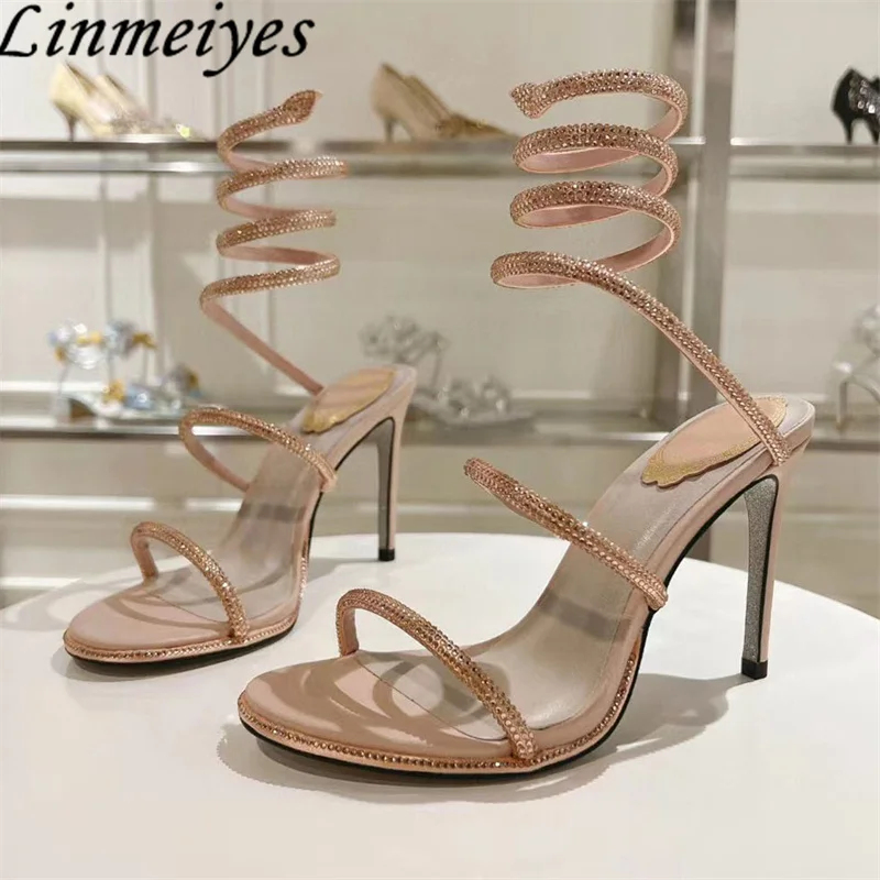 الصيف صنادل كعب عالٍ امرأة حجر الراين خيوط حول الكاحل الأفعى أحذية الزفاف كريستال الكعب صنادل طراز جلاديتور النساء