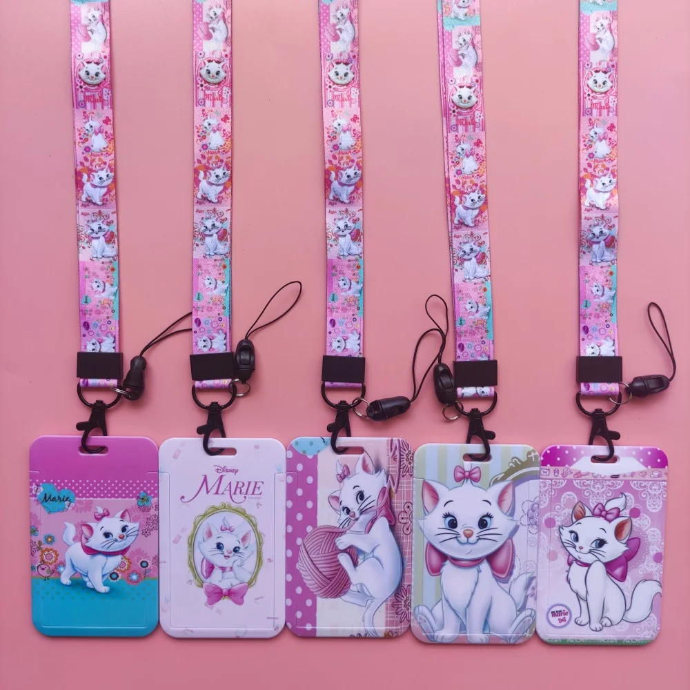 Disney Marie Cat Women ID Card Holder Lanyards The Aristocats Neck Strap Credit Card Case Girls Badge Holder Retractable Clip