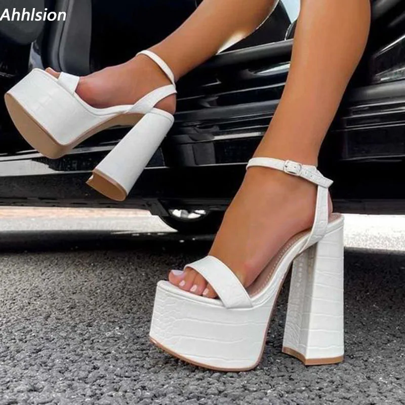 

Ahhlsion/Новые женские босоножки на платформе, красивые белые модельные туфли из крокодиловой кожи на массивном каблуке с круглым носком, женские туфли размера США 5-20