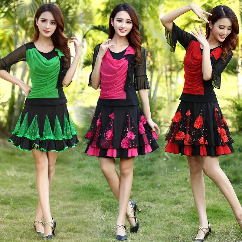 Square Dance Costume Set with Diamond Embellished Mesh Sleeves Latin Skirt Large Size Group Performance Outfit Spring Summer