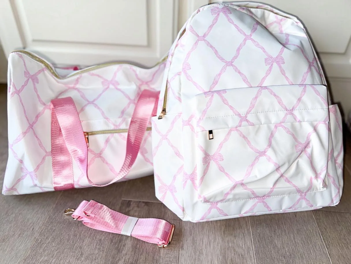 

BA0225 Wholesale Summer kids clothes girl Boutique Pink and white backpack with bow pattern new arrival bags baby girl clothes
