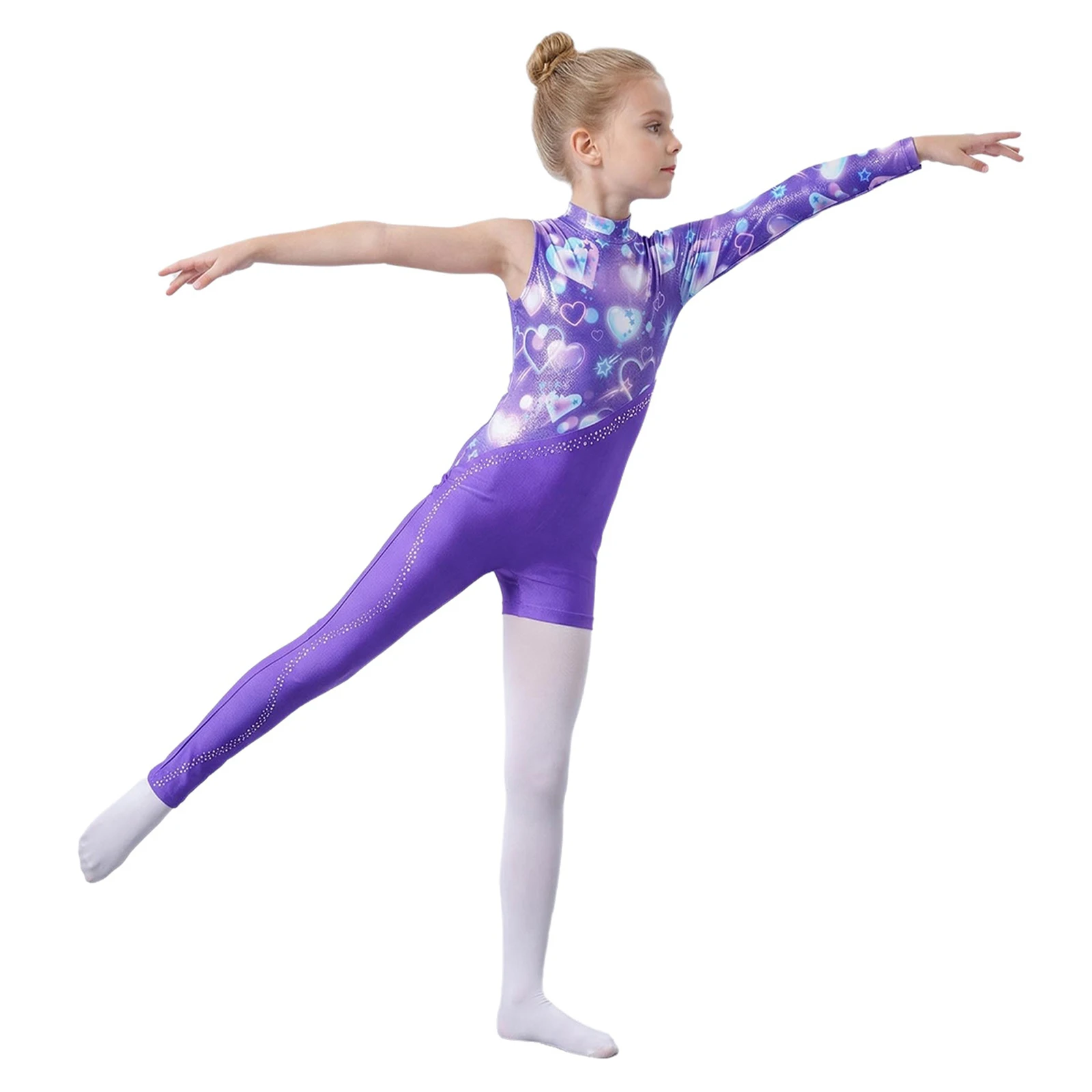 

Kids Girls Ballet Dance Gymnastics Leotard Shiny Rhinestone Printed Asymmetry Jumpsuit Figure Skating Acrobatic Workout Bodysuit