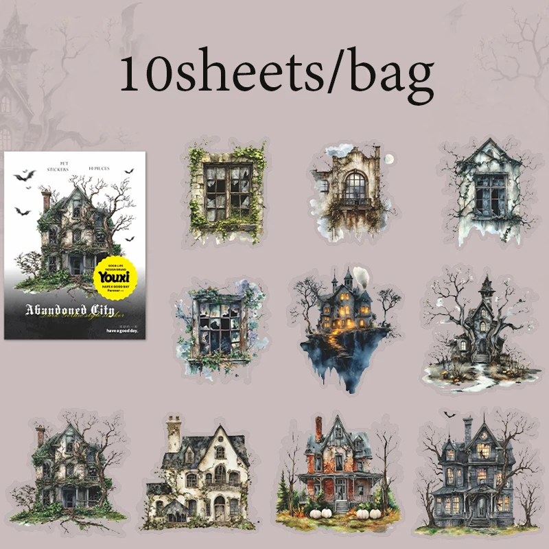 10 Blatt/Beutel Gothic Abandoned City Scenery Aufkleber für Scrapbooking Planer Notebook DIY Handyhülle Dekoration Büro Geschenk – Detail 21