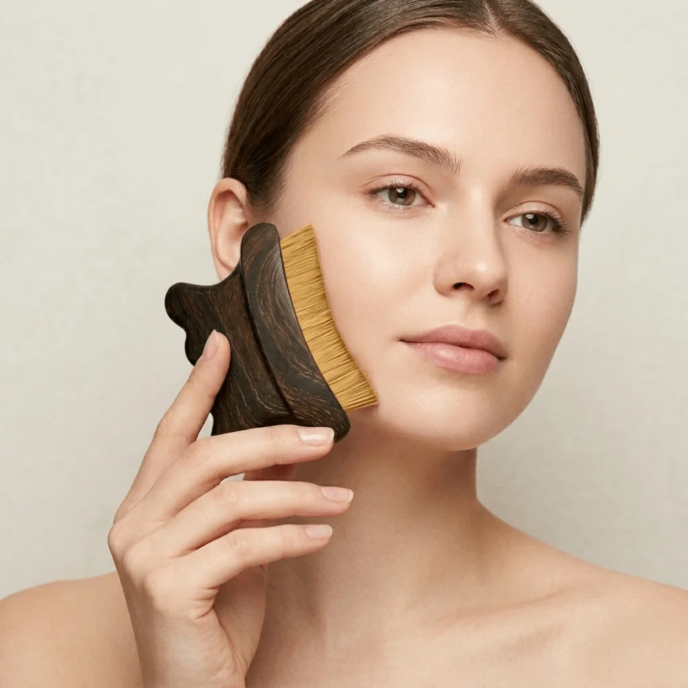 Ergonomic Shape Lymphatic Face Brush Soft Bristles Storage Case Jawline Massage Brush Easy Hold Wood Grain Look