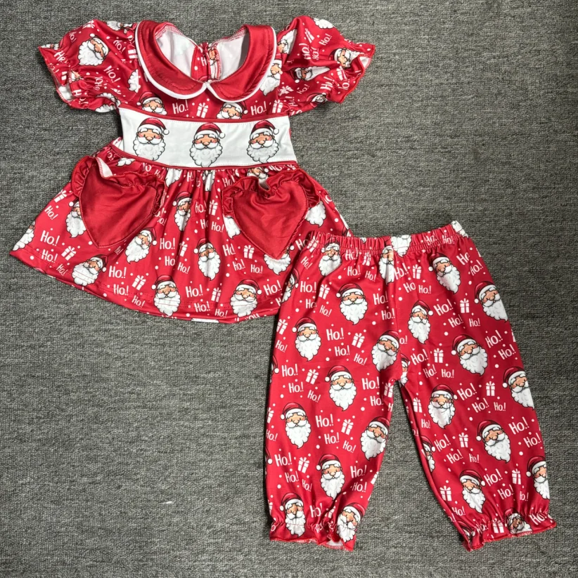 Hot selling Boutique Children's Outfits Christmas Pajamas Robe Red Santa Claus Print Boys Girls Pyjamas Set Matching Robe