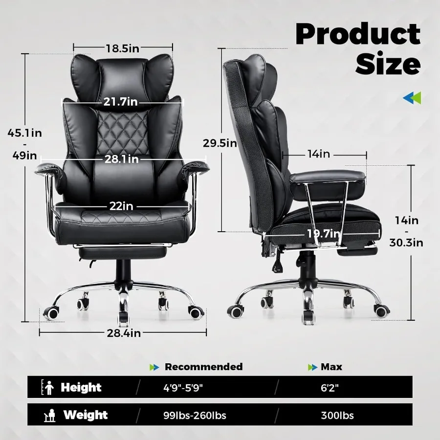 Big and Tall Office Chair High Back Leather Gaming Chair with Footrest Executive Ergonomic Office Chair with Pocket Spring Lumb