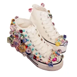 Canvas Little White Shoes Candy Big Jewel Sweet Random Colored Gemstones The color of gemstones is random and irregular Sneakers