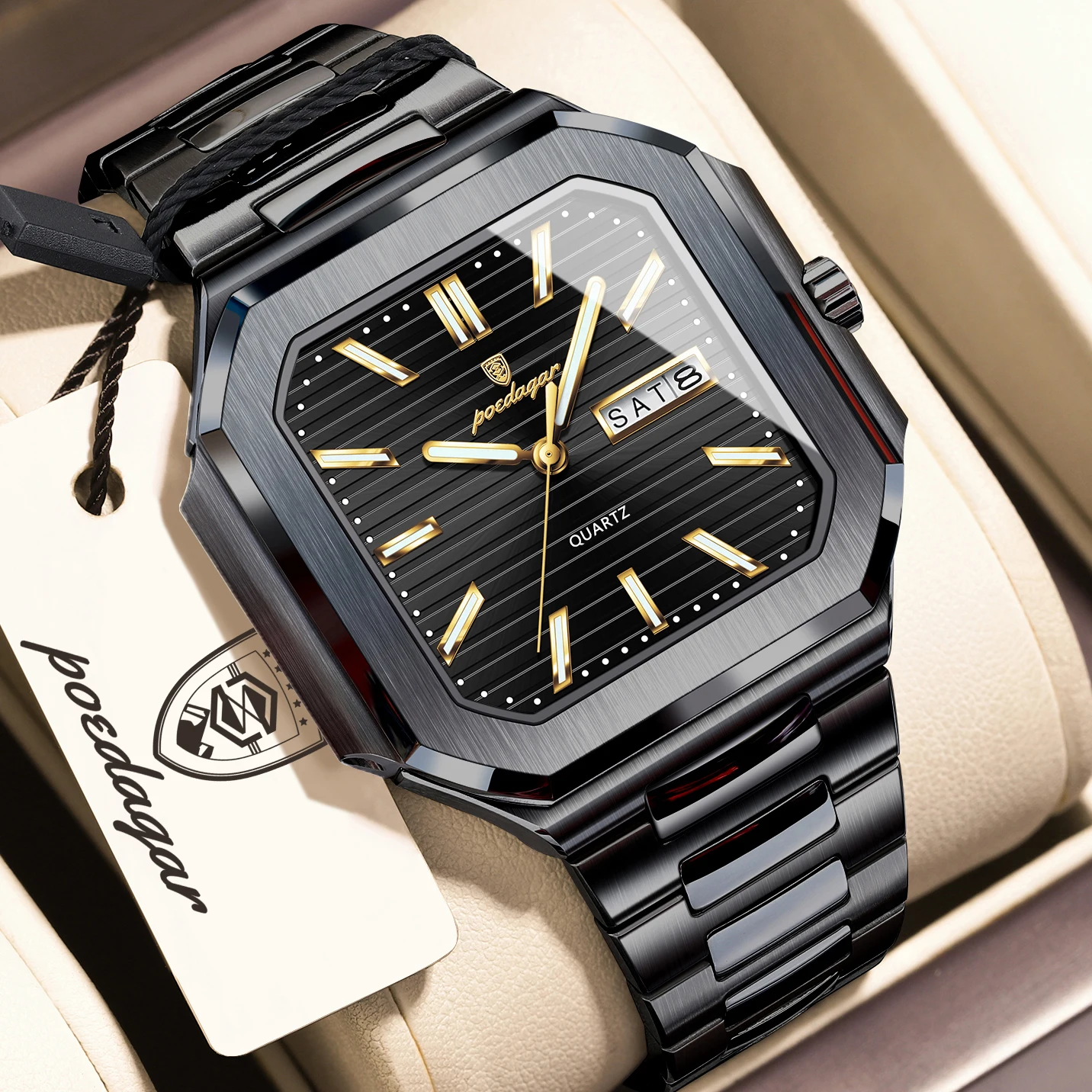 Reloj de Pulsera de Cuarzo para Hombre POEDAGAR con Esfera Cuadrada, Resistente al Agua, Luminoso, con Fecha y Día de la Semana, Reloj de Acero Inoxidable Exquisito para Hombre
