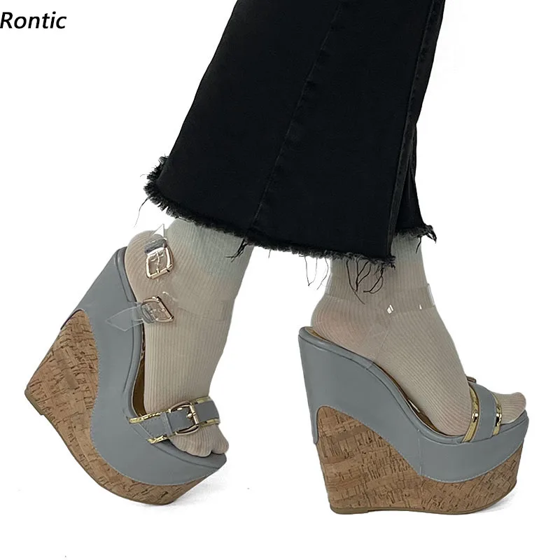 

Rontic/женские сандалии-гладиаторы ручной работы на платформе, туфли на танкетке с круглым носком, великолепная серая обувь для вечеринок, размер США, большие размеры 4-15