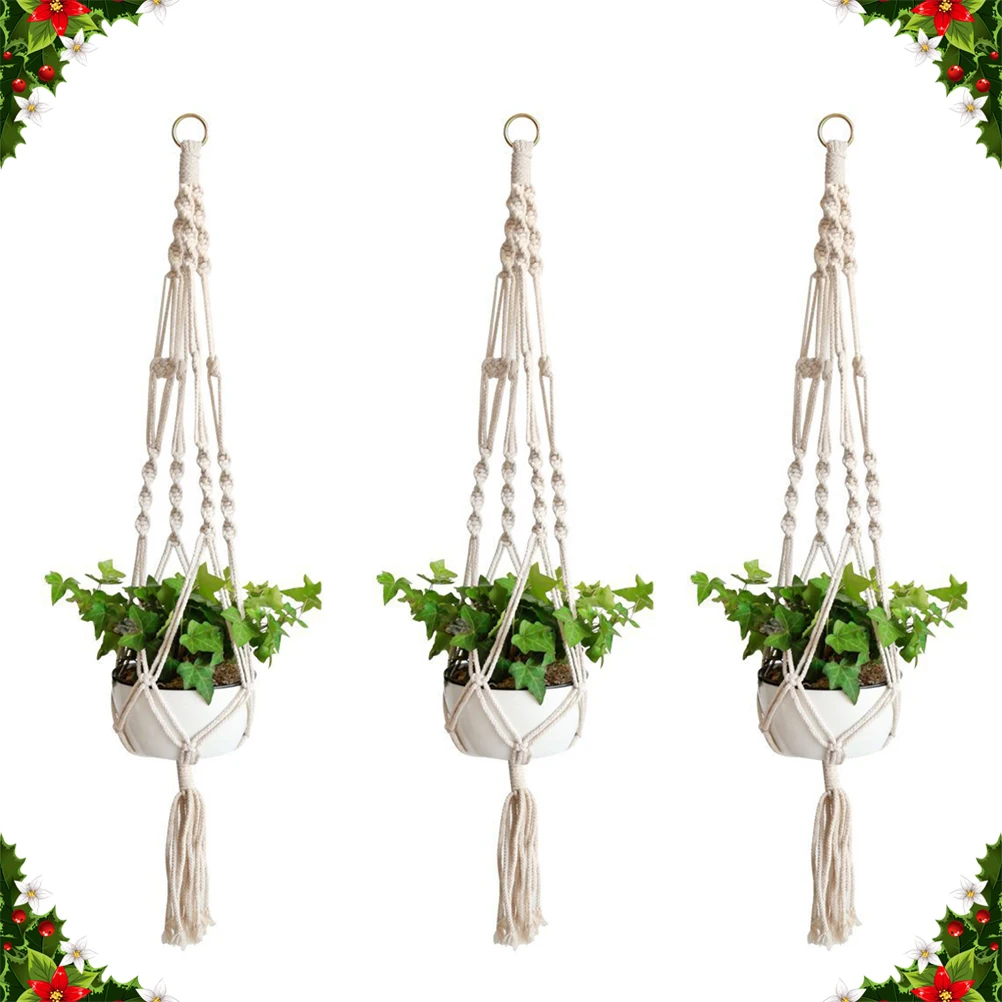 

3pcs Cotton Rope Hanging Flower Pot Net Bag Durable Hand Knitting Design Plant Hanger Save Space Storage